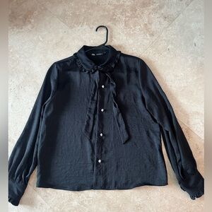 Zara Black Blouse with Ruffle Collar
